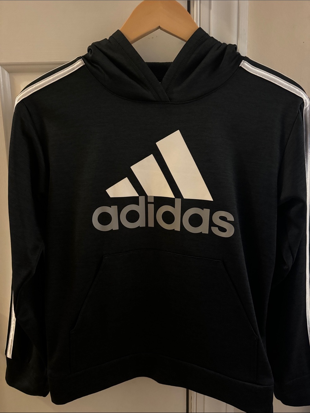 adidas Boys Black Hoodie with White Logo and Striped Sleeves